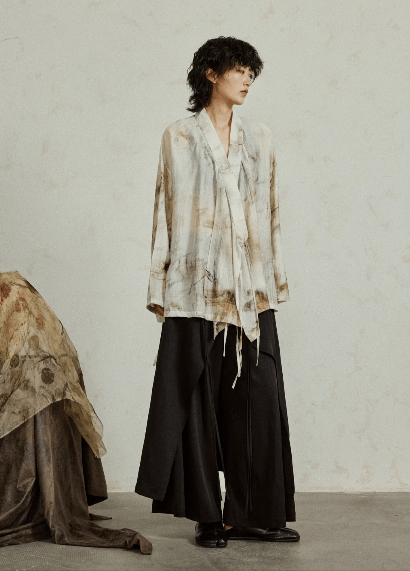 Kimono court femme gaze imprimé encre beige – Sumi-e