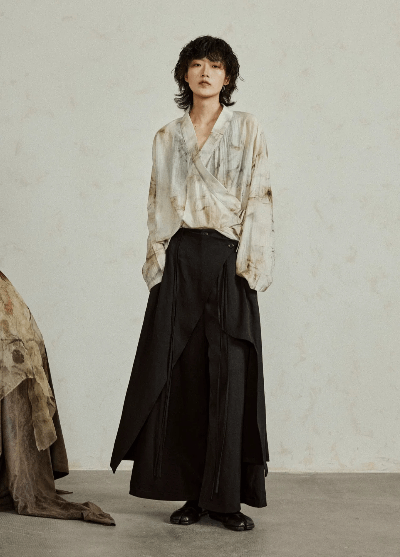 Kimono court femme gaze imprimé encre beige – Sumi-e