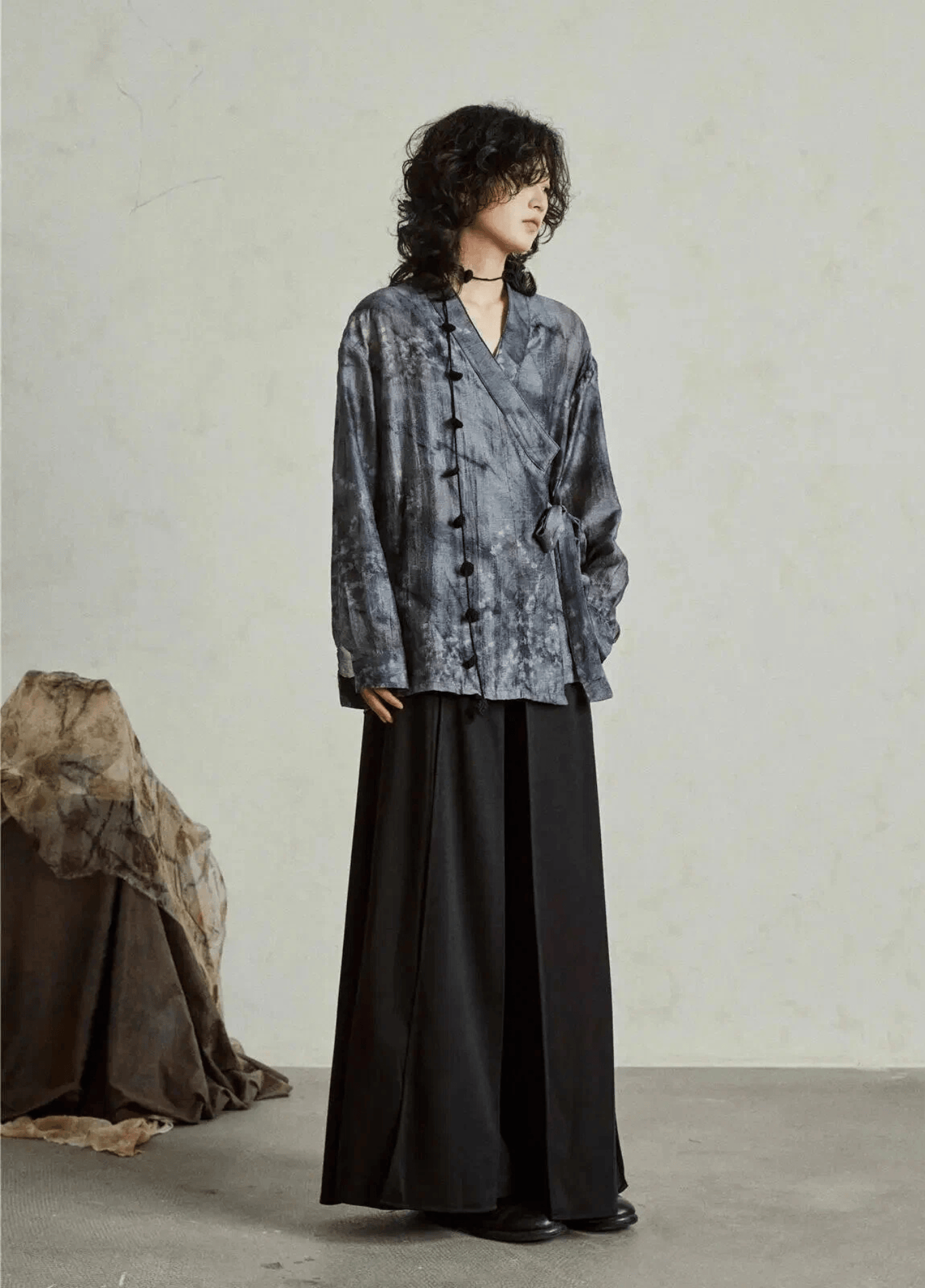 Chemisier kimono court femme jacquard bleu ardoise – Sumi