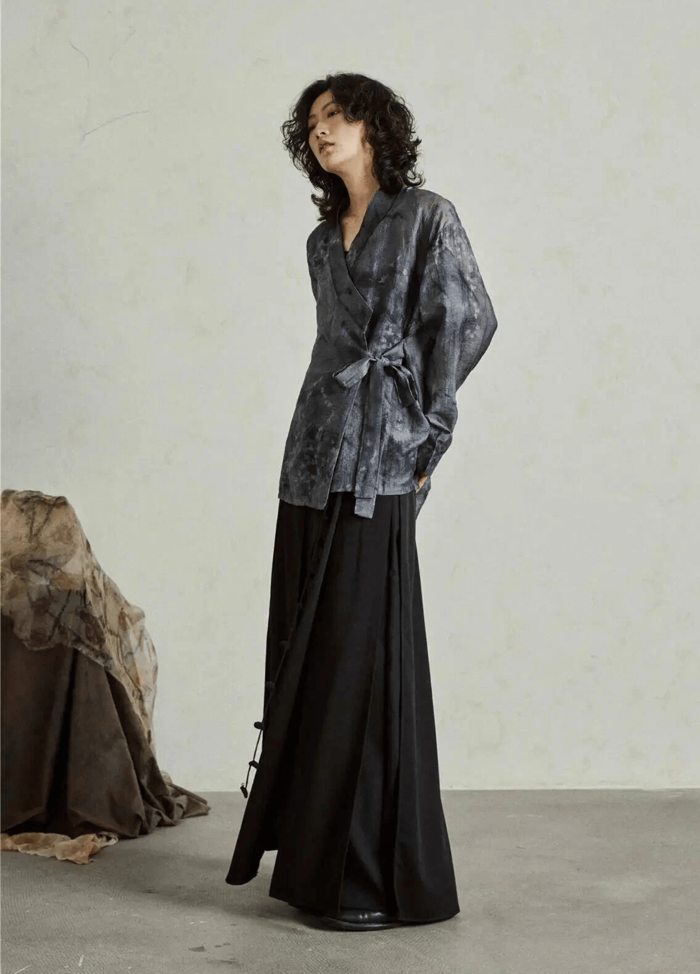 Chemisier kimono court femme jacquard bleu ardoise – Sumi