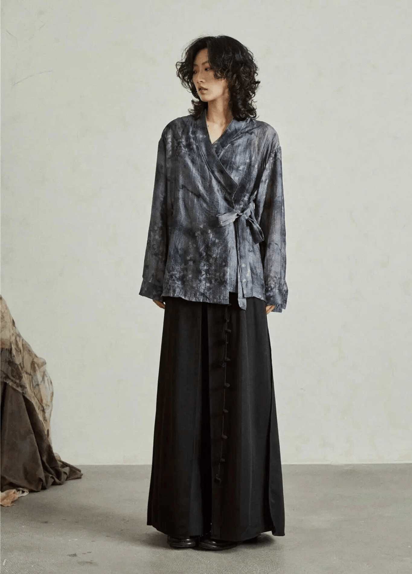 Chemisier kimono court femme jacquard bleu ardoise – Sumi