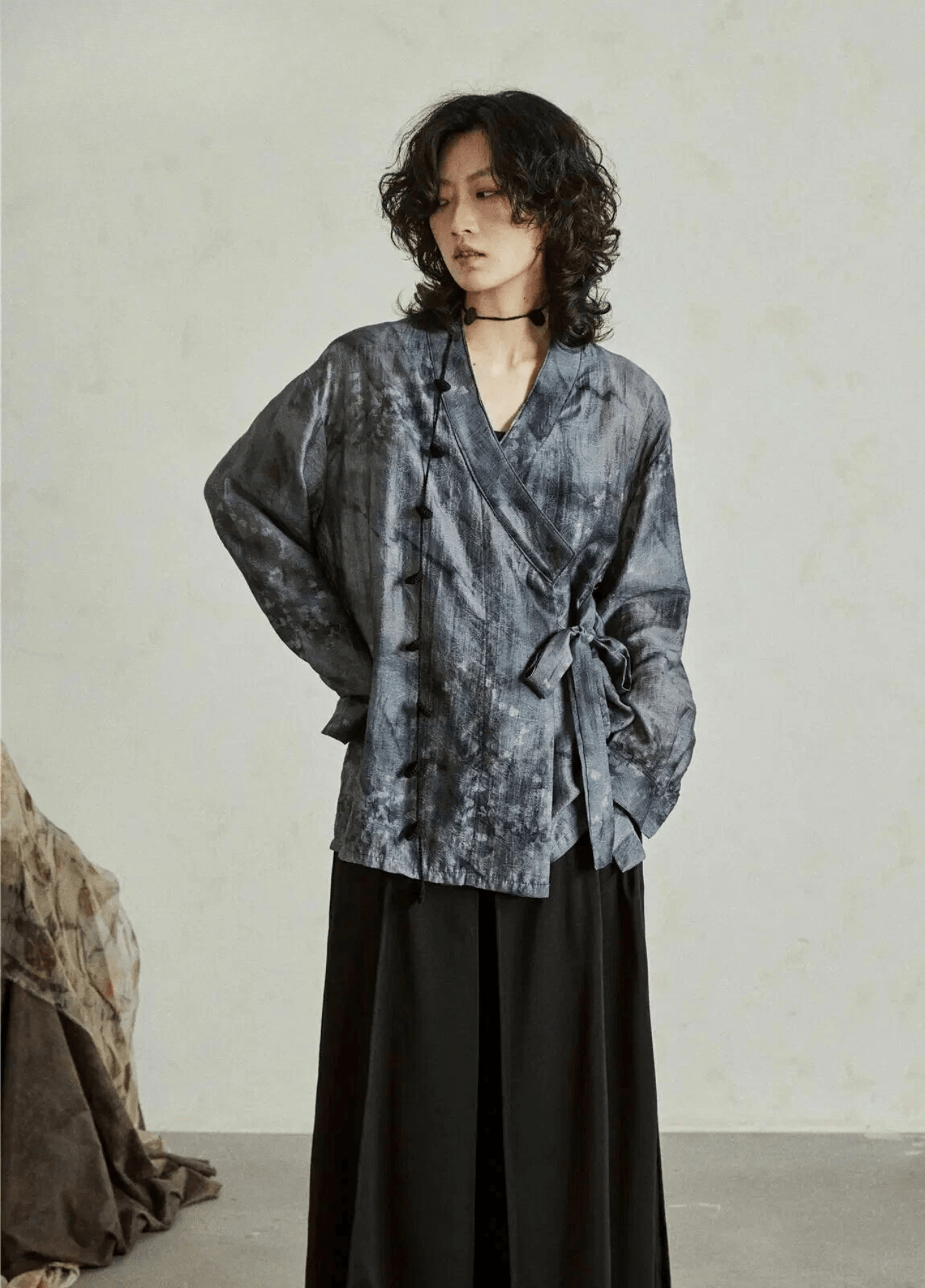 Chemisier kimono court femme jacquard bleu ardoise – Sumi