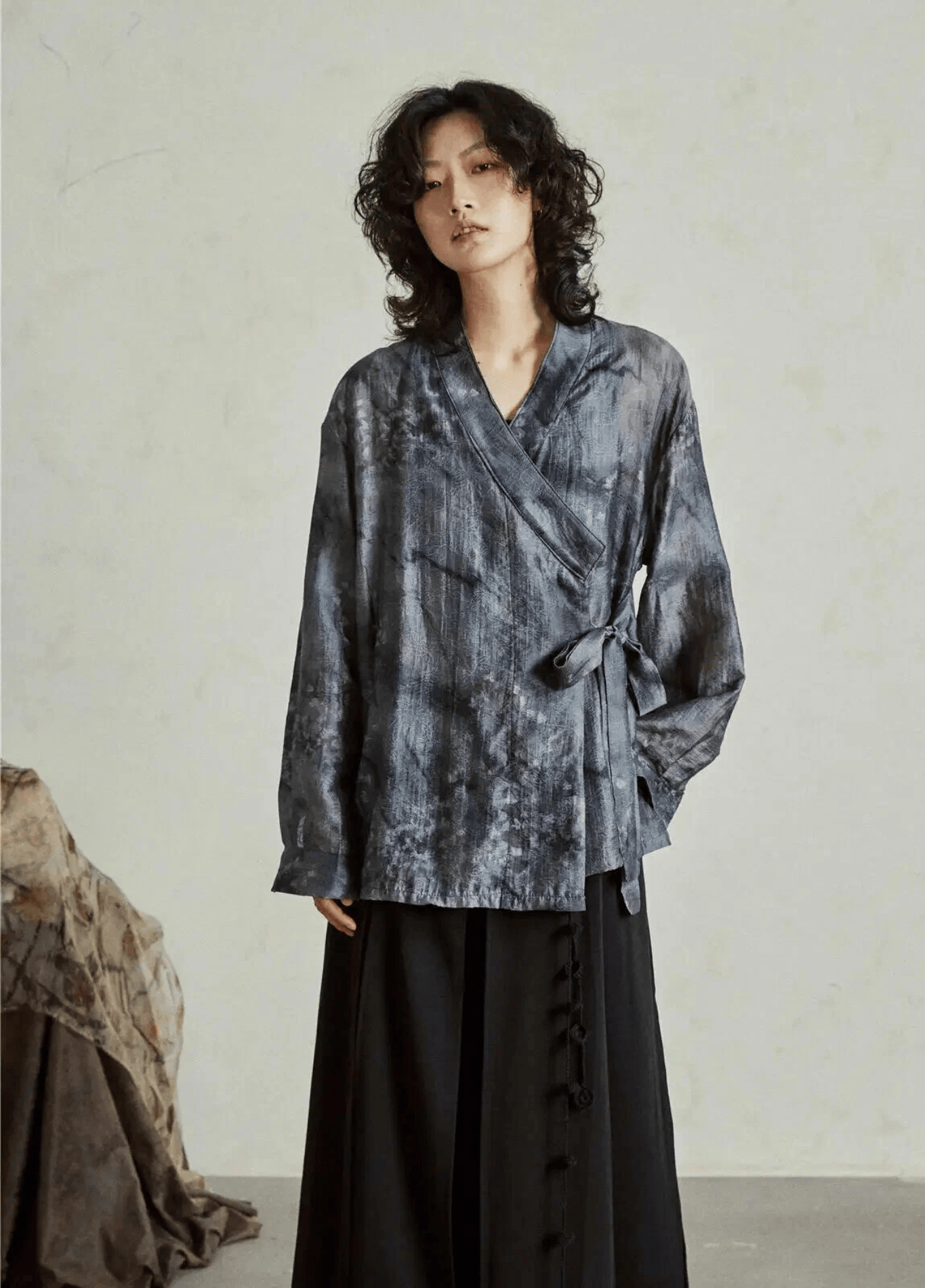 Chemisier kimono court femme jacquard bleu ardoise – Sumi