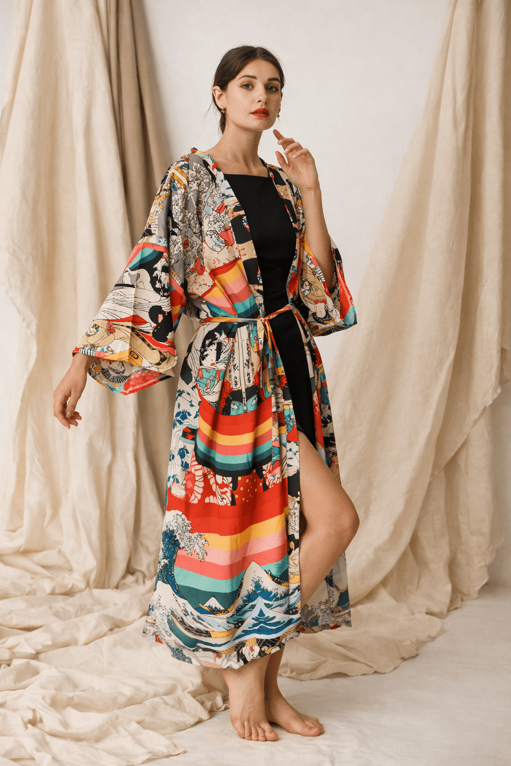 Kimono long femme viscose motif vague japan print – Japan Print