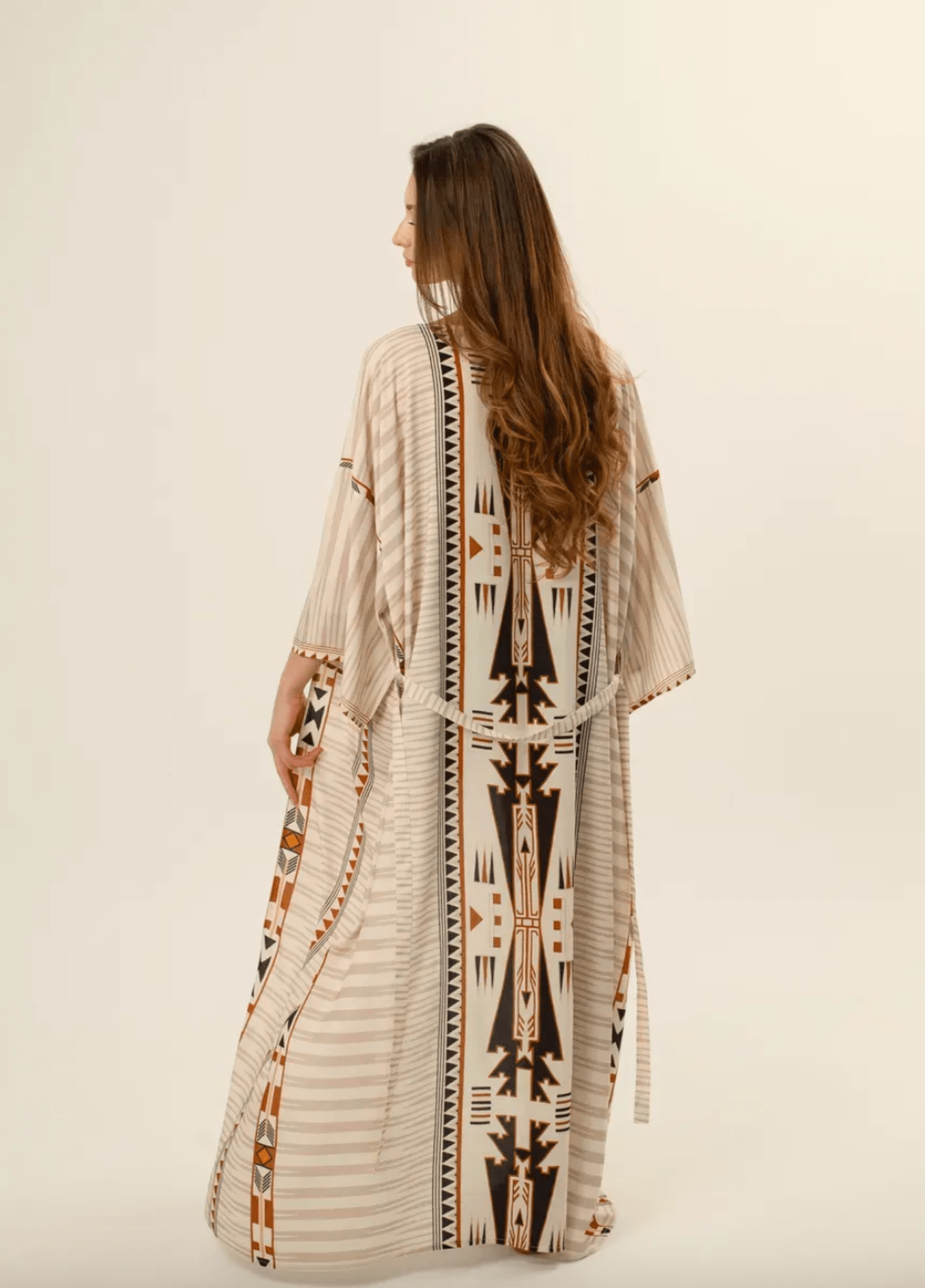 Kimono long femme coton motif montagne beige