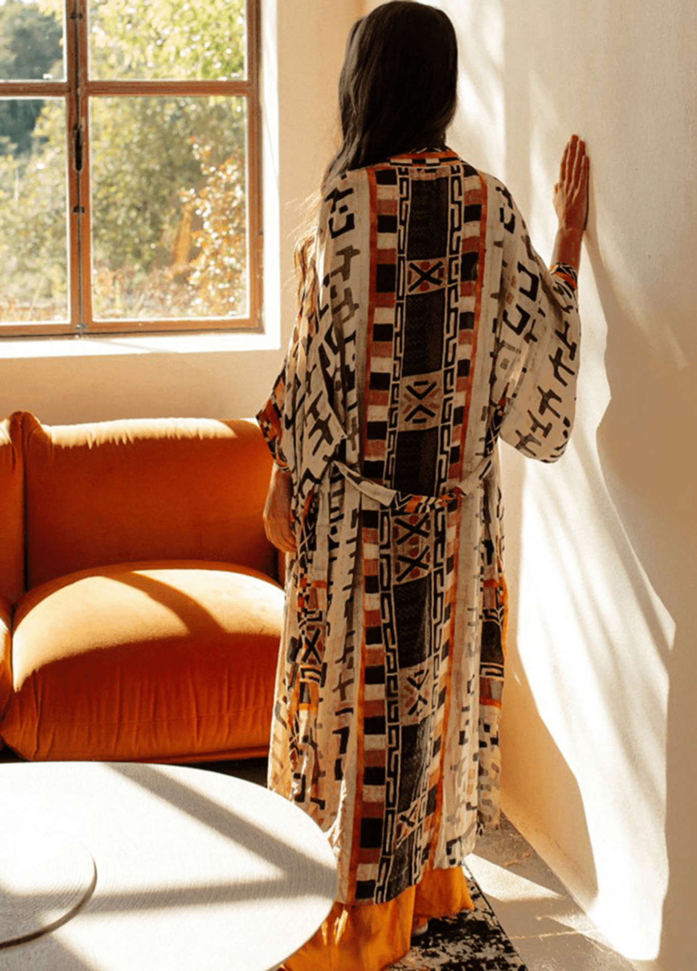 Kimono long femme géométrique beige