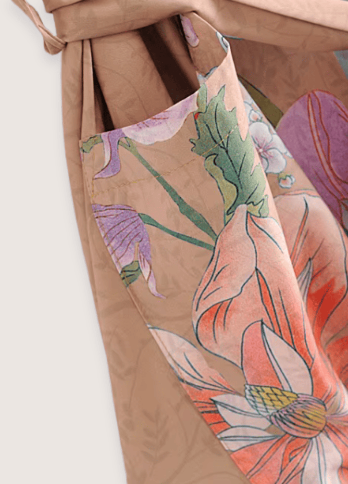 Kimono long femme coton motif pivoine beige rosé