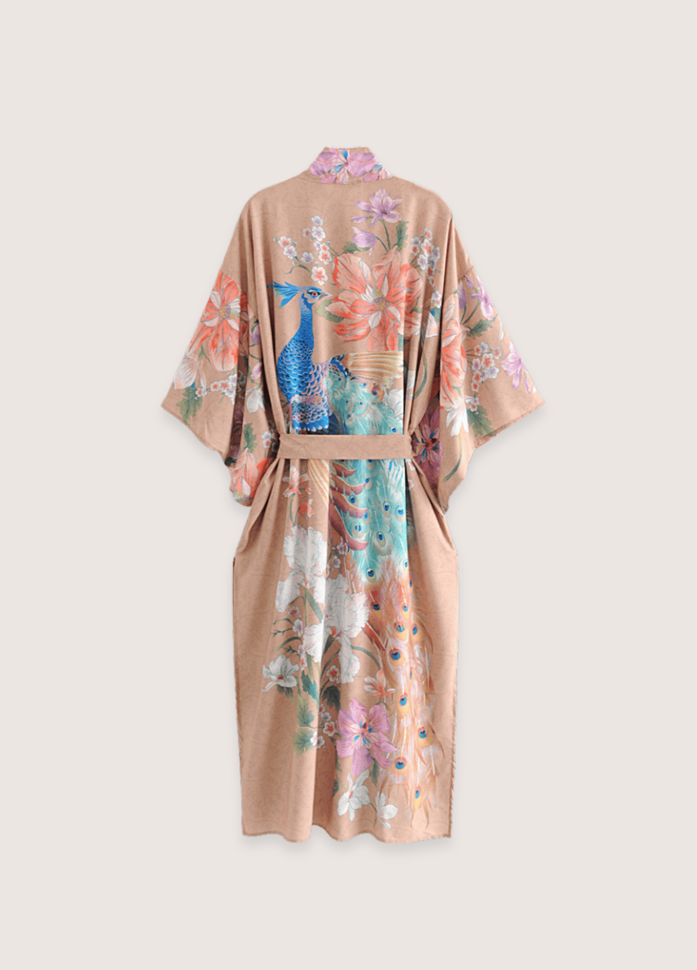 Kimono long femme coton motif pivoine beige rosé