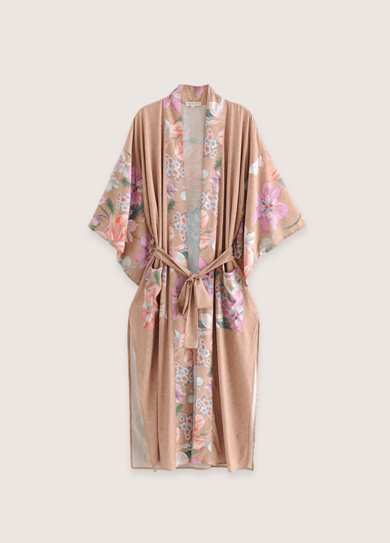 Kimono long femme coton motif pivoine beige rosé