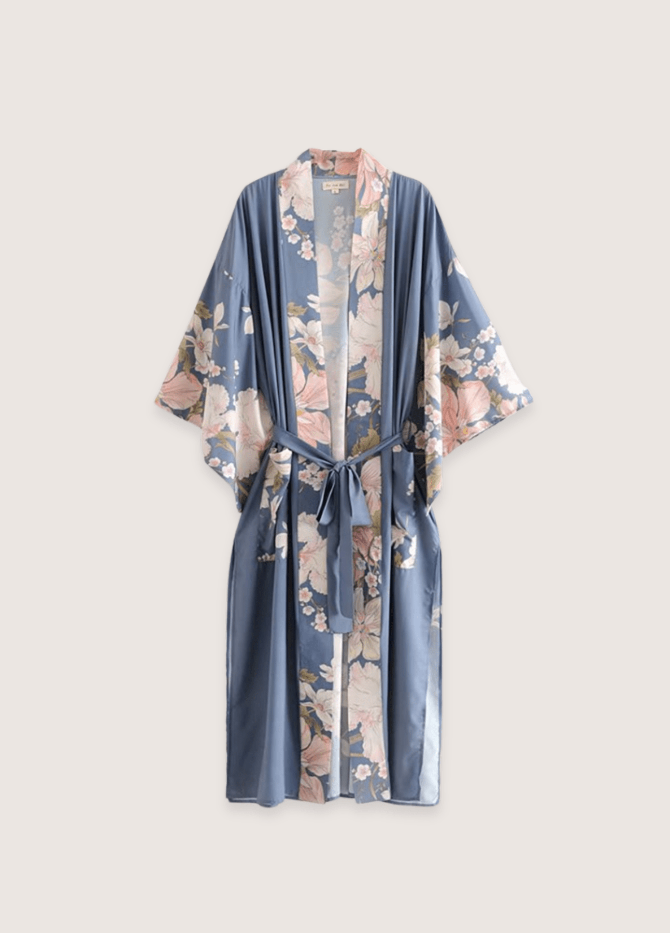 Kimono long femme satiné motif cerisier bleu