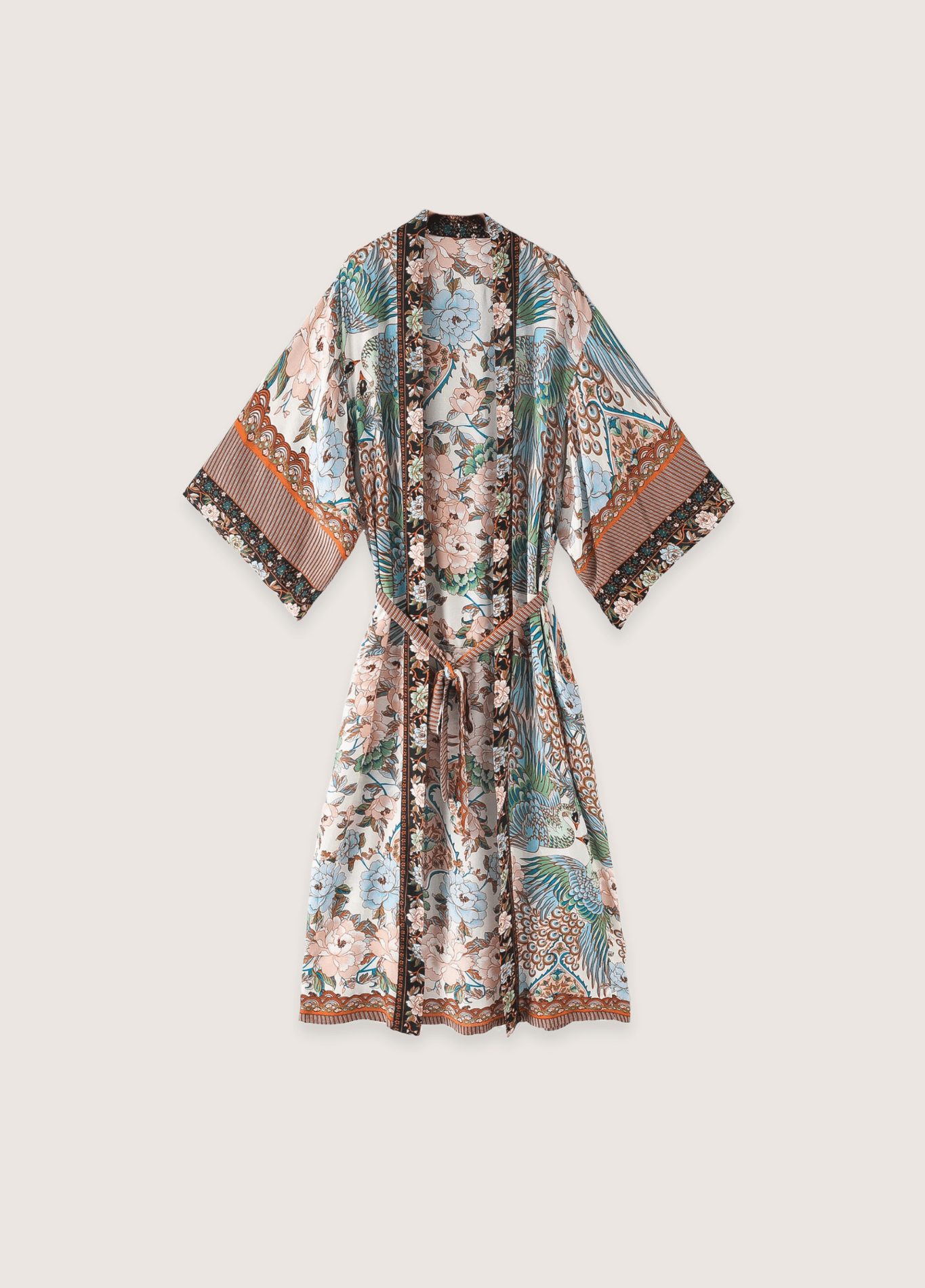 Kimono long femme coton motif chrysanthème blanc