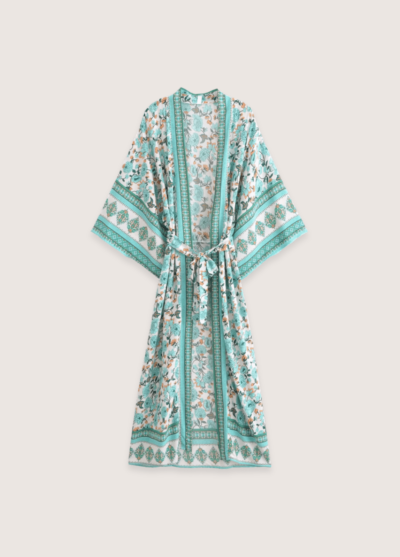 Kimono long femme viscose motif pivoine vert menthe – Calanque Bleue