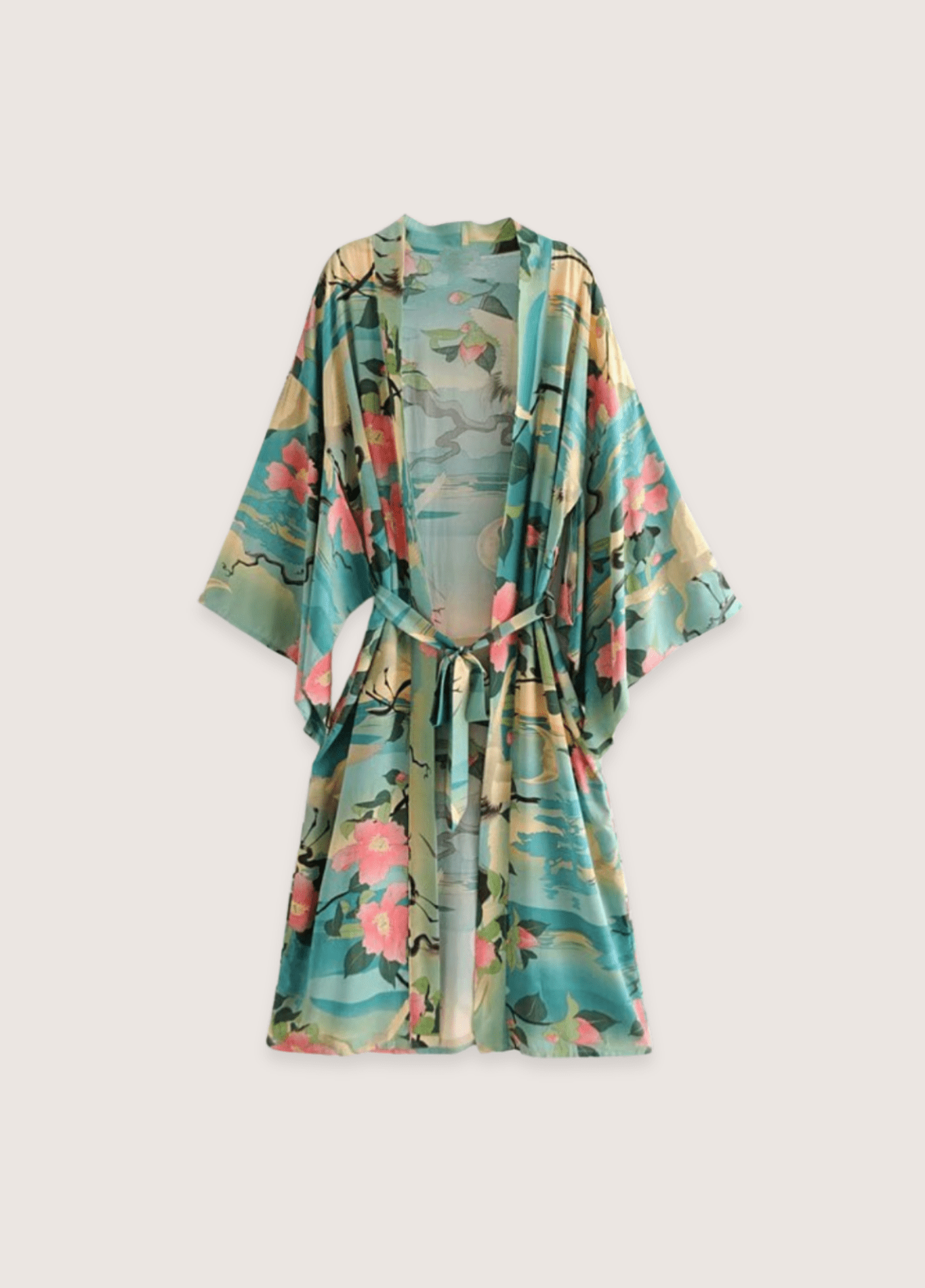 Kimono long femme coton motif cerisier vert – Évasion Tropicale