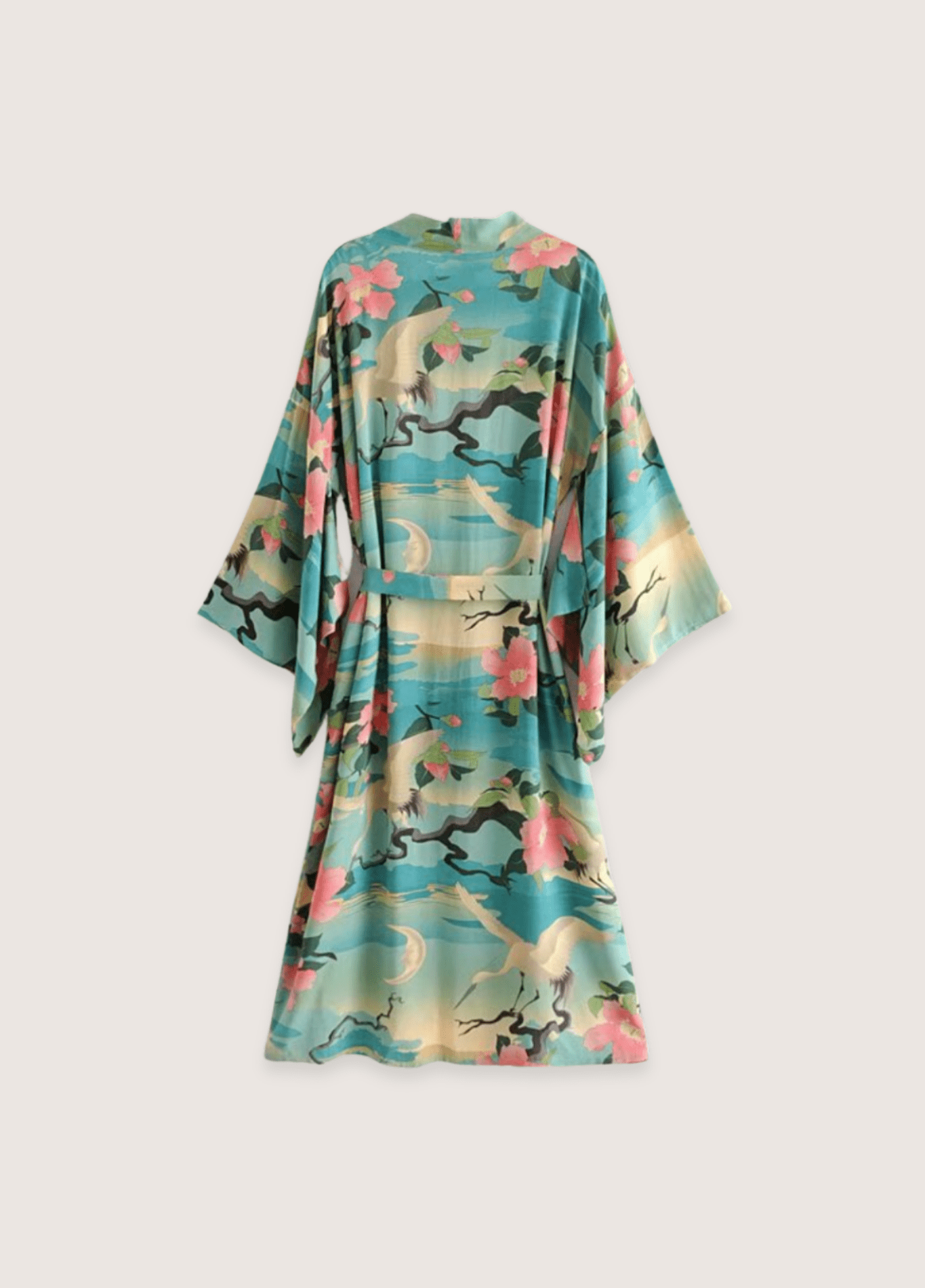 Kimono long femme coton motif cerisier vert – Évasion Tropicale
