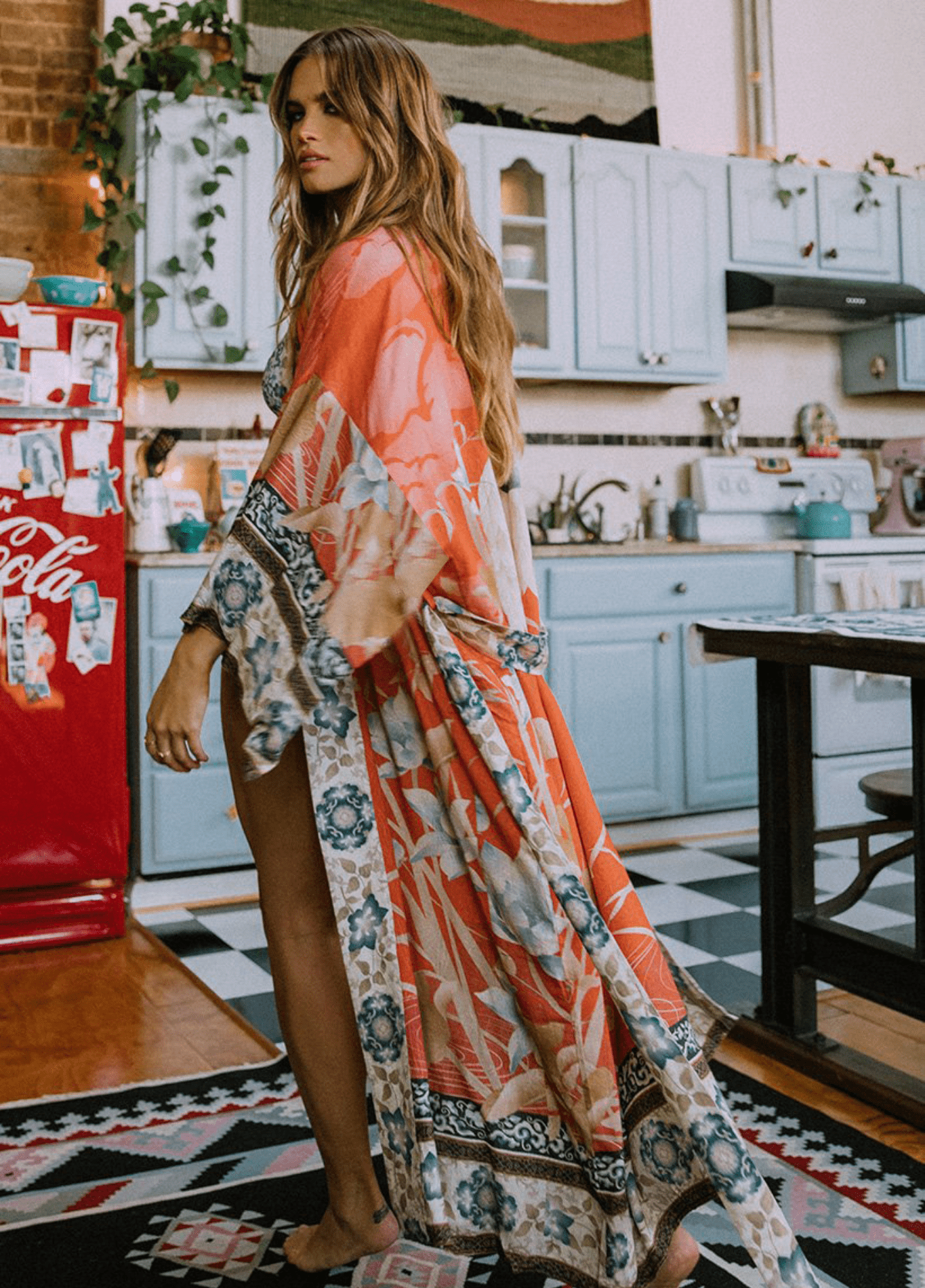 Kimono long femme viscose motif grue orange – Grue Orange
