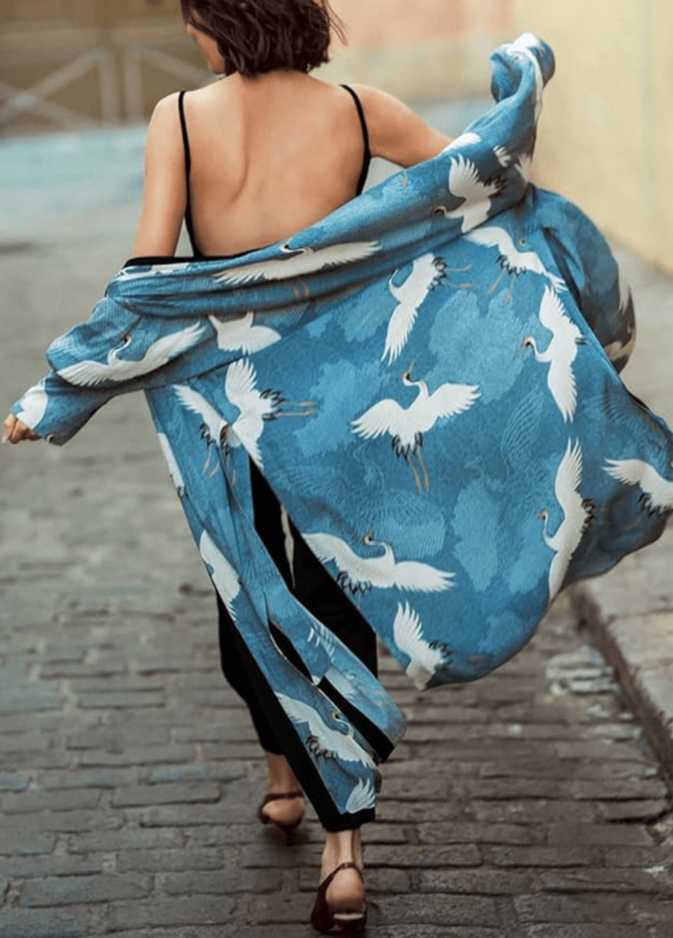 Kimono long femme viscose motif grue bleu – Grues Célestes