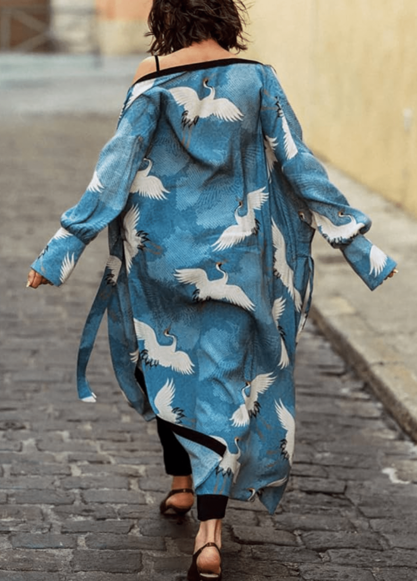 Kimono long femme viscose motif grue bleu – Grues Célestes