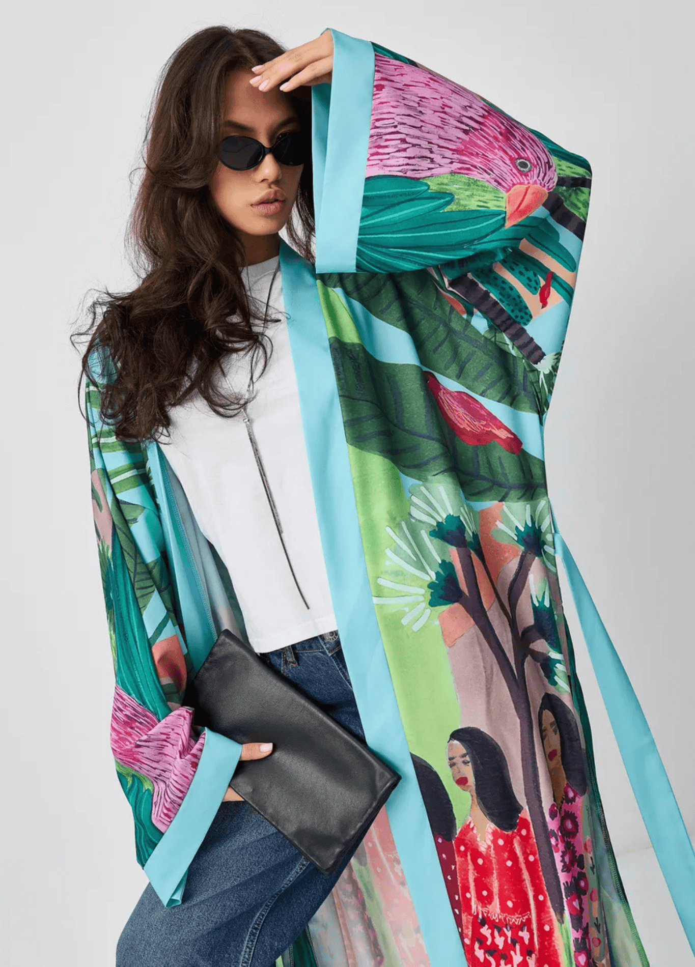 Kimono long femme imprimé tropical turquoise – Janguru