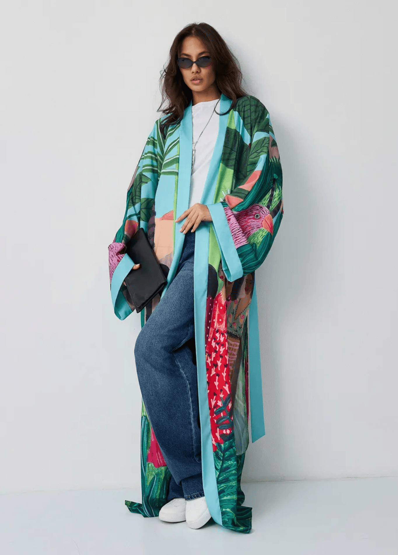Kimono long femme imprimé tropical turquoise – Janguru