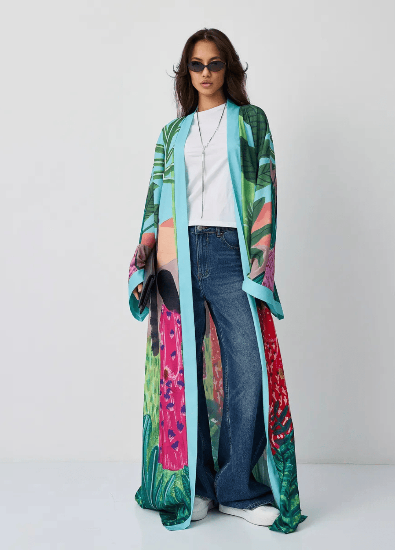 Kimono long femme imprimé tropical turquoise – Janguru
