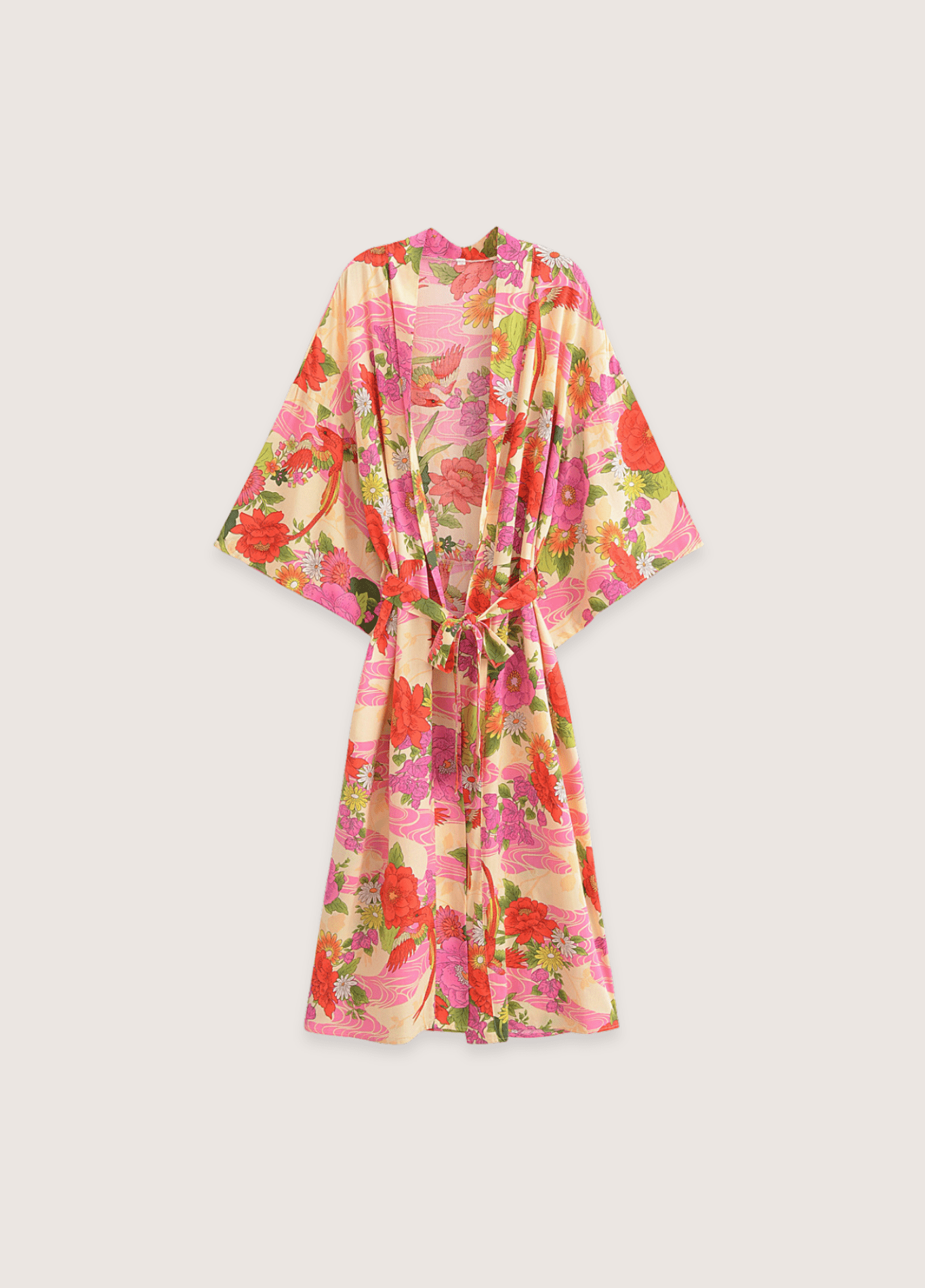 Kimono long femme viscose motif chrysanthème rose – Pivoine