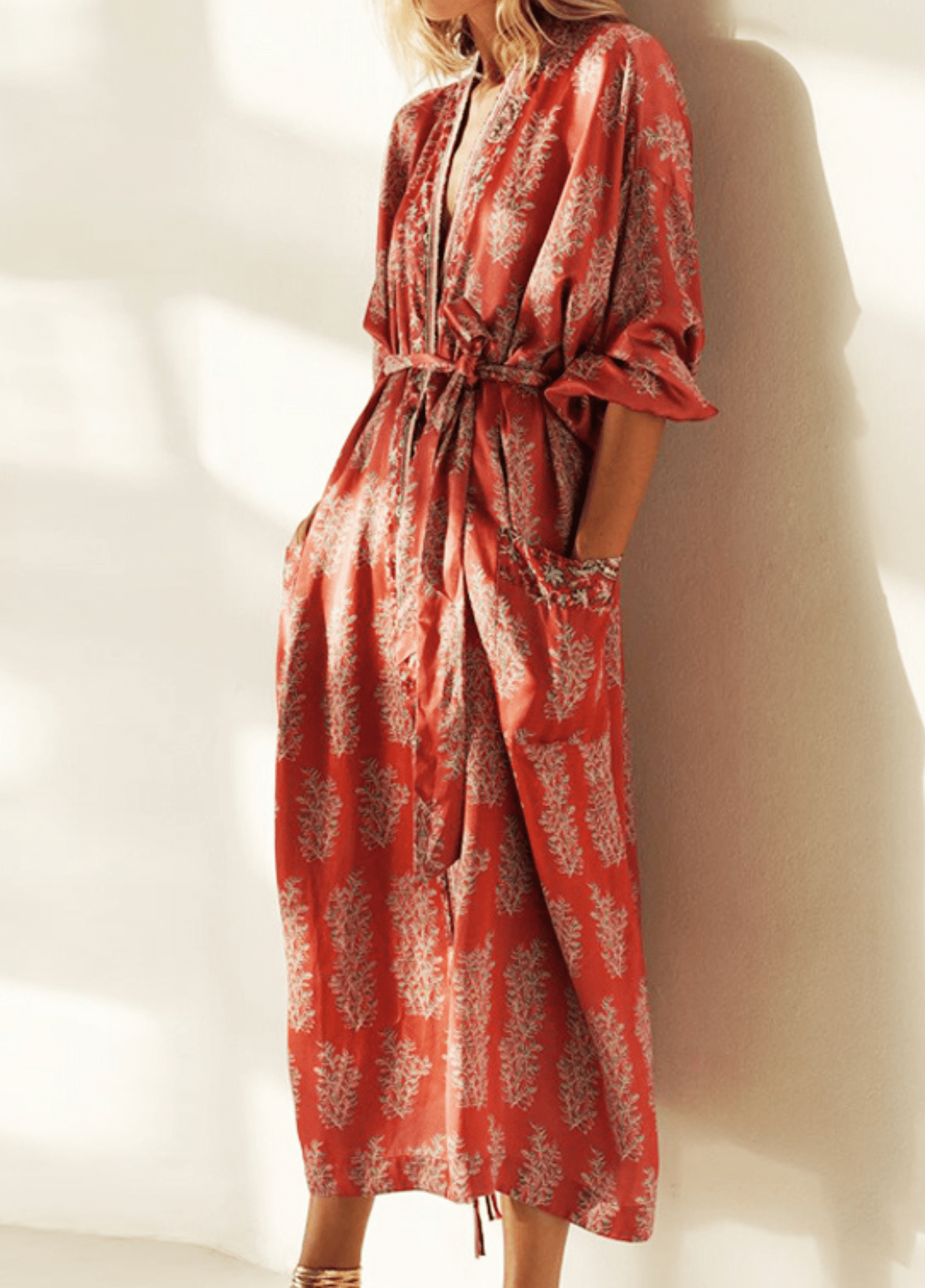 Kimono long femme floral rouge