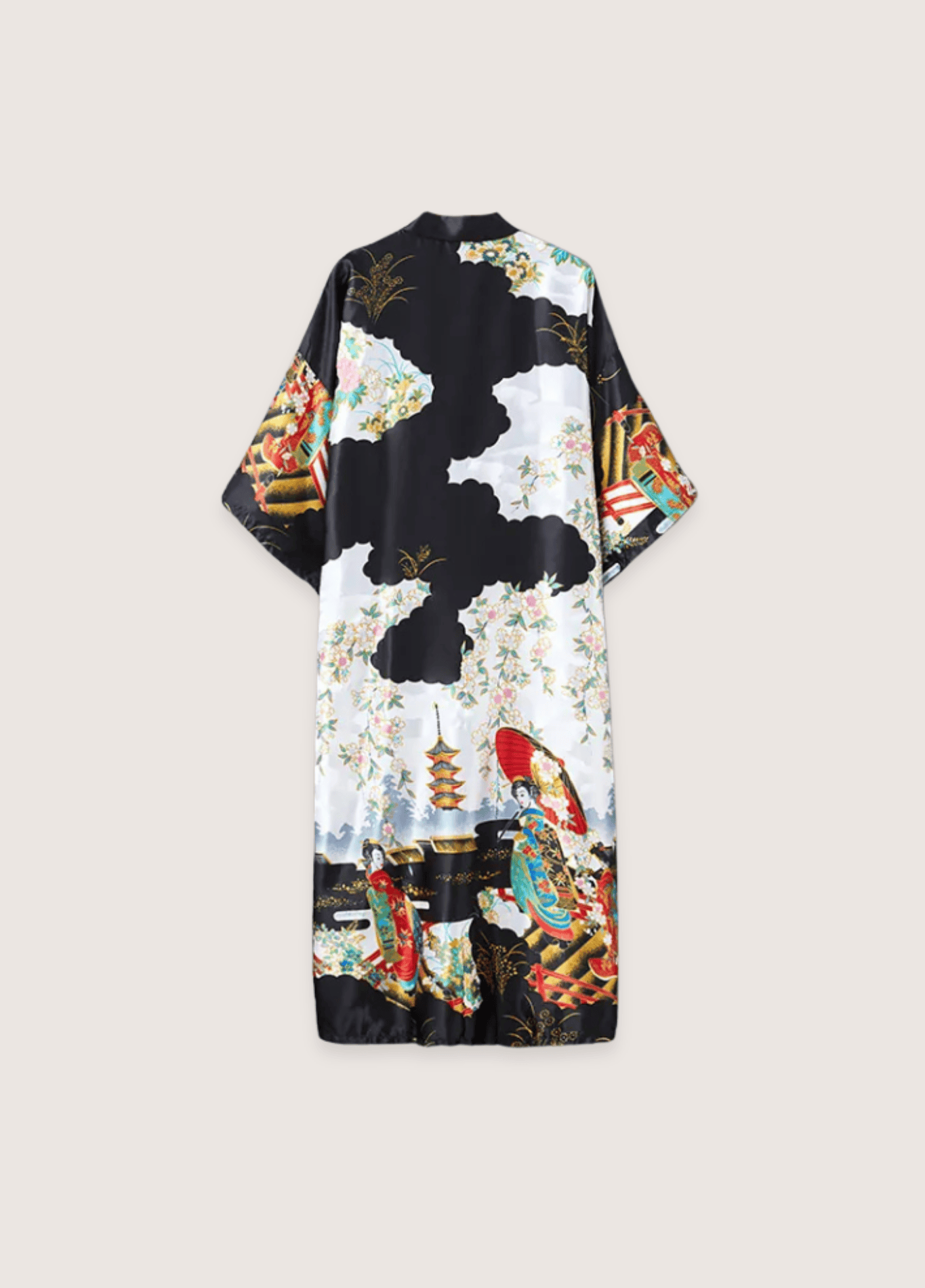 Kimono long femme effet soie noir imprimé geisha – Akane