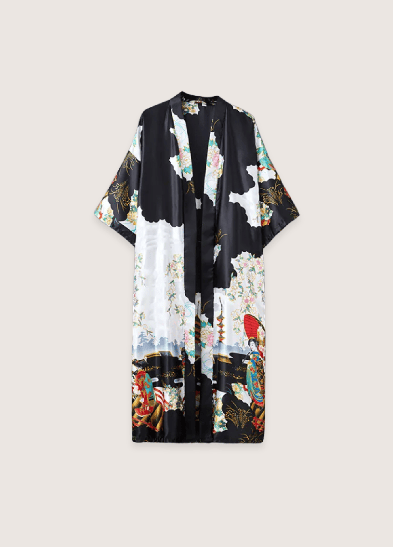 Kimono long femme effet soie noir imprimé geisha – Akane