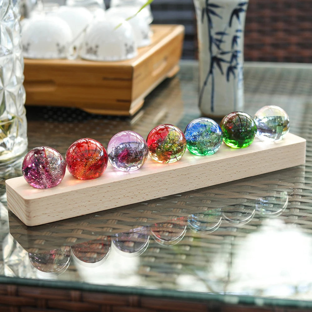 ATELIER-TIBET Lampe Zen LED 7 Chakras – Boules de Cristal & Base Bois, Ambiance Harmonie & Sérénité