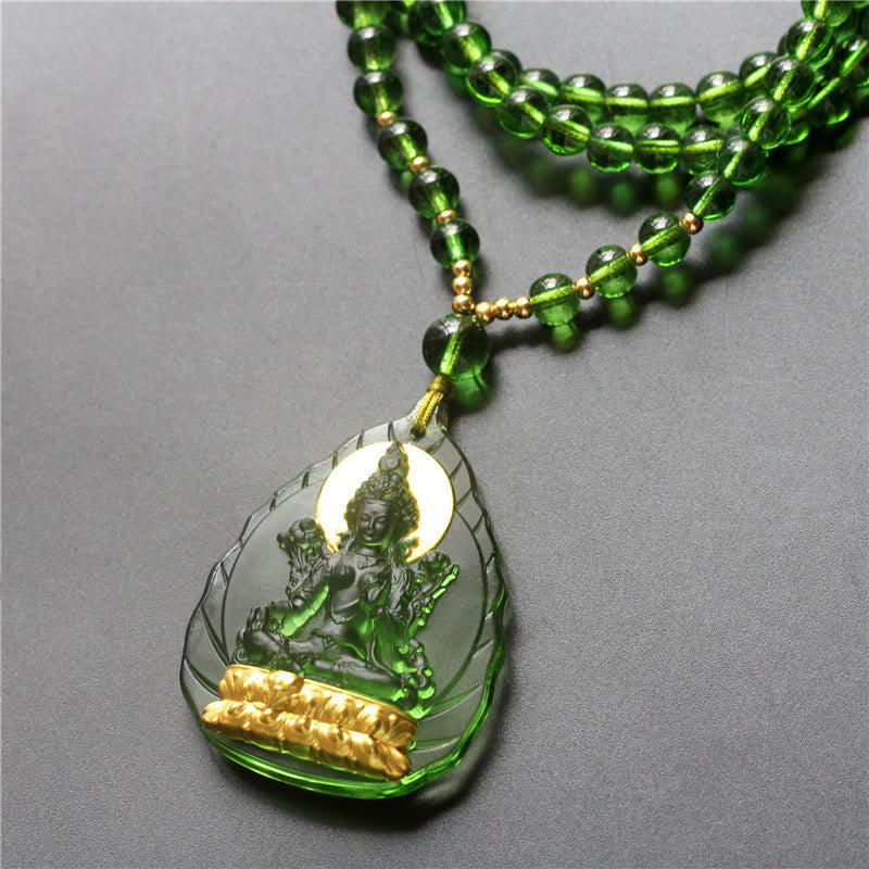 ATELIER-TIBET Pendentif Tara Verte en Cristal Liuli – Amulette de Protection Spirituelle (46 mm)