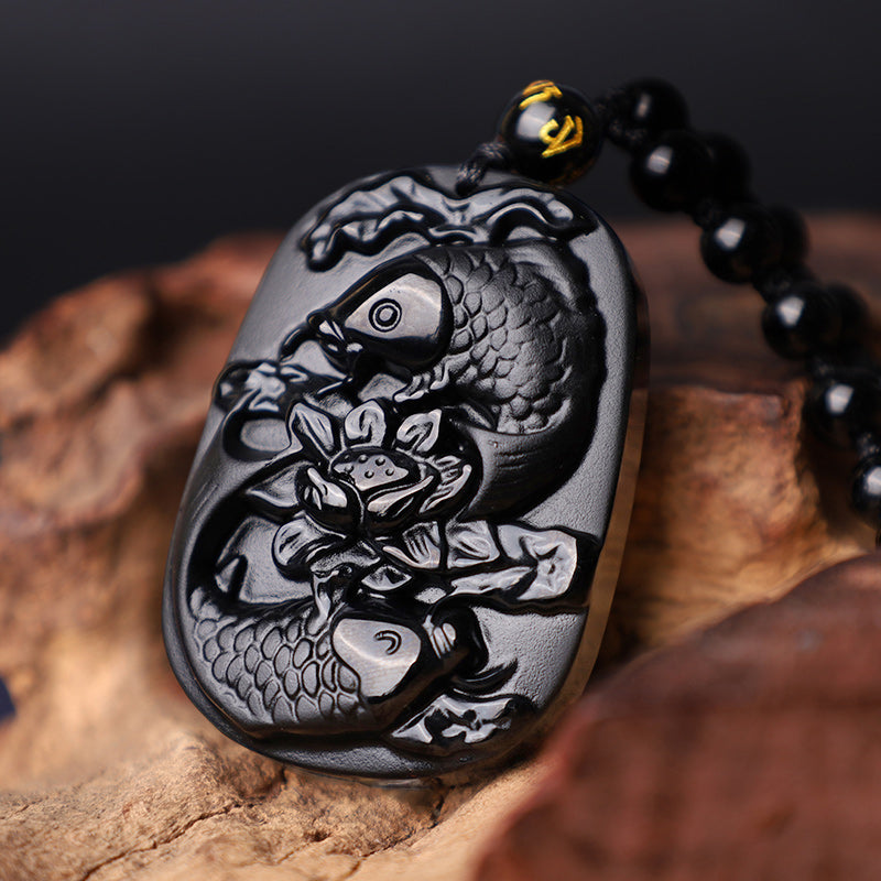 ATELIER-TIBET – Collier Lotus & Carpe Koï en Obsidienne Noire Naturelle