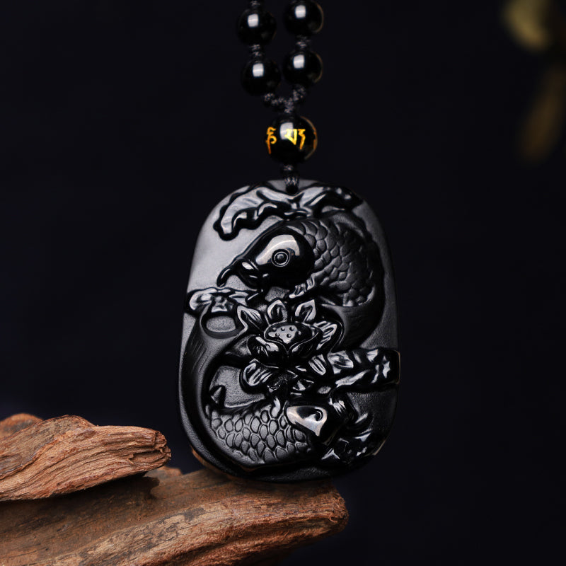 ATELIER-TIBET – Collier Lotus & Carpe Koï en Obsidienne Noire Naturelle