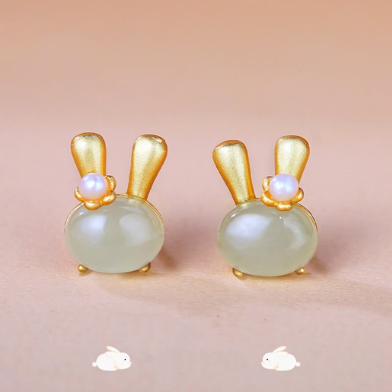 ATELIER-TIBET – Boucles d’Oreilles Lapin en Jade Hetian Naturel & Perles – Argent 925