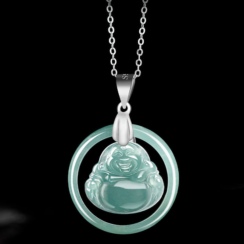 ATELIER-TIBET Collier Bouddha Rieur en Jade Naturel et Argent 925