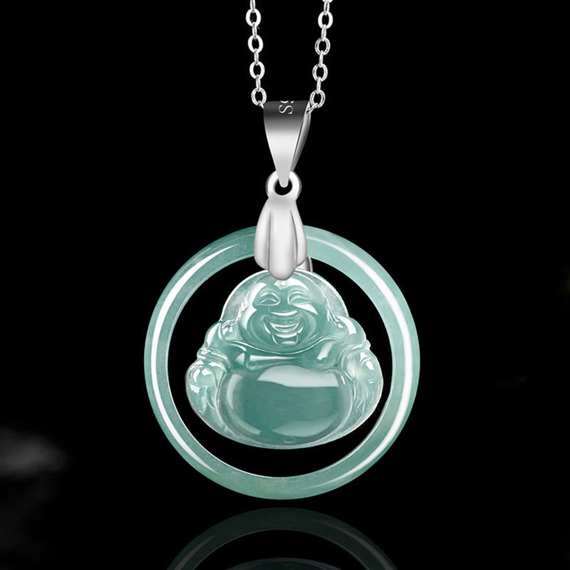 ATELIER-TIBET Collier Bouddha Rieur en Jade Naturel et Argent 925