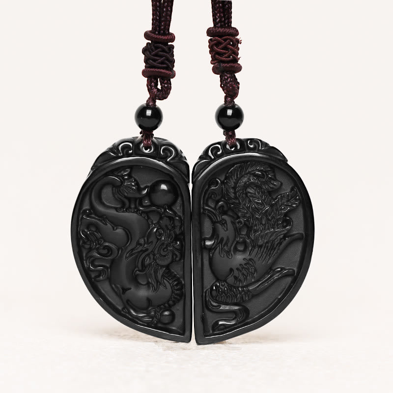 ATELIER-TIBET – Collier Dragon & Phénix en Obsidienne Noire Naturelle