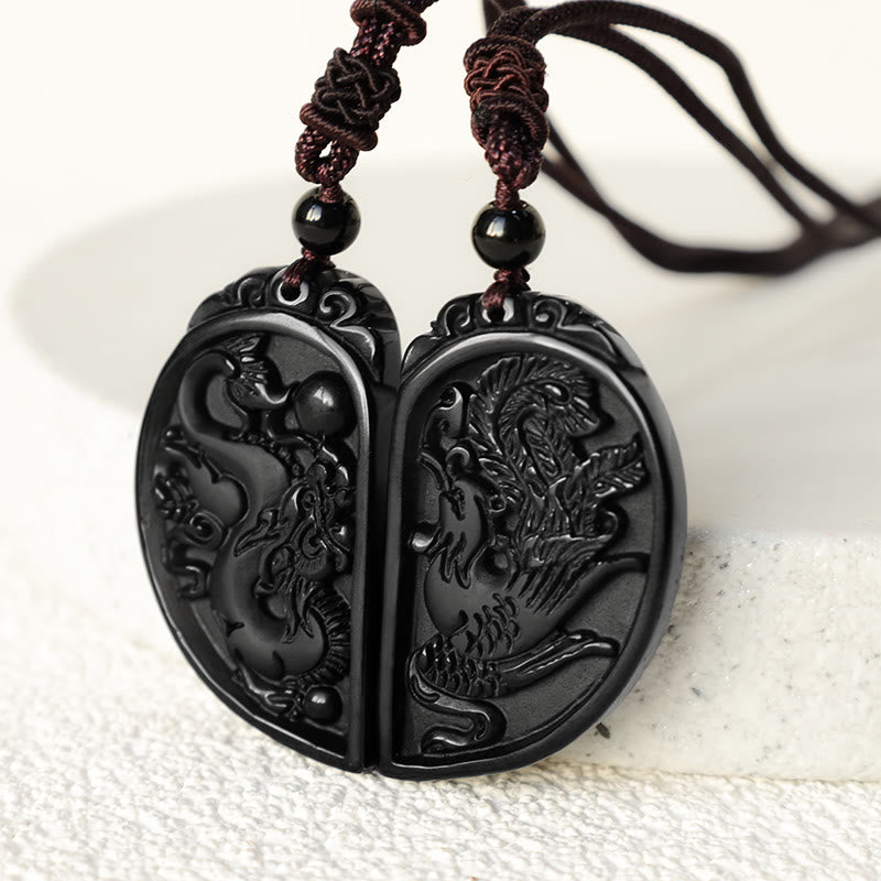ATELIER-TIBET – Collier Dragon & Phénix en Obsidienne Noire Naturelle