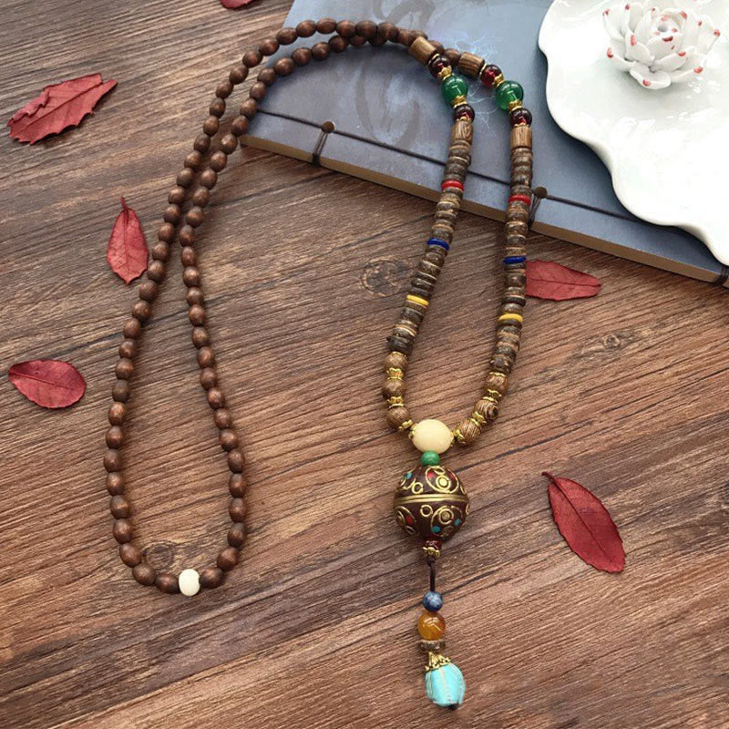 ATELIER-TIBET – Collier Tibétain Om Mani Padme Hum en Bois de Schima & Noix de Coco