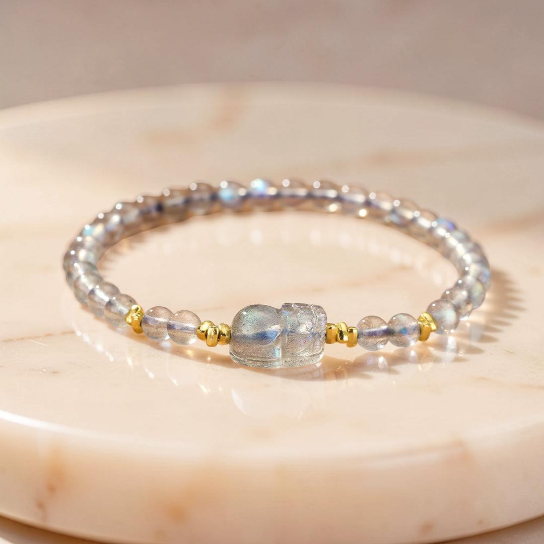 ATELIER-TIBET – Bracelet Pi Xiu Pierre de Lune et Labradorite – Magie Nocturne, Argent Plaqué Or