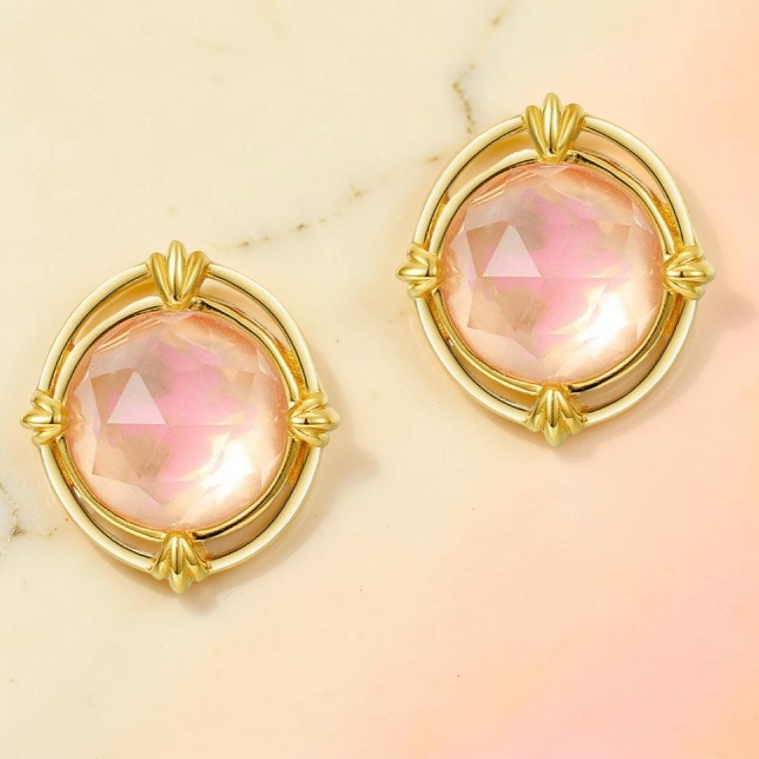 ATELIER-TIBET – Boucles d'oreilles Quartz Rose – Aura Radieuse, Argent Plaqué Or 10K