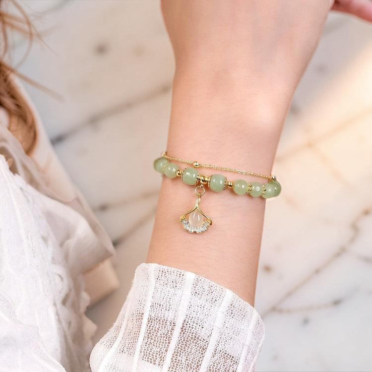 ATELIER-TIBET – Bracelet Jade – Feuille Ginkgo, Argent Plaqué Or