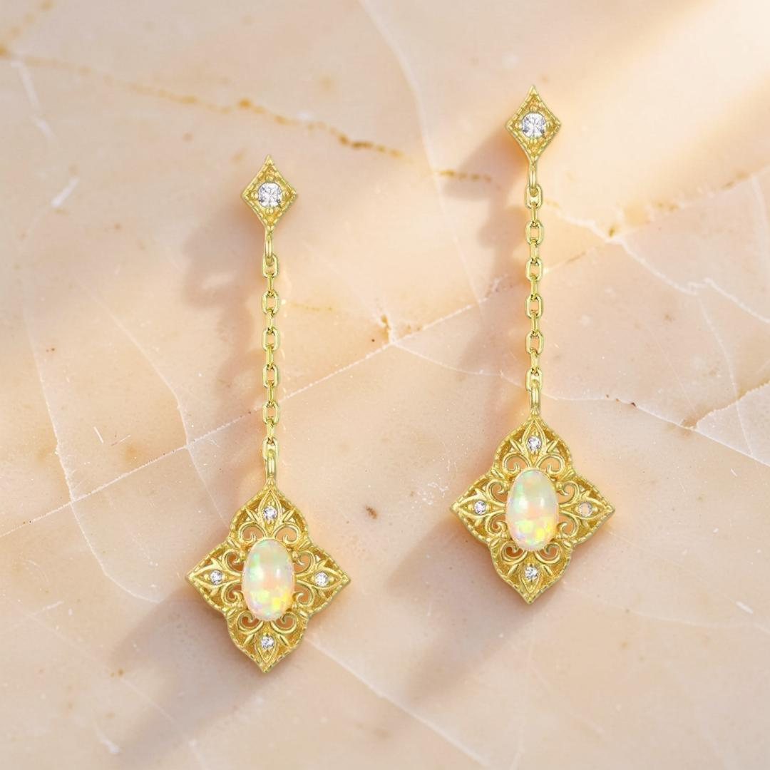 ATELIER-TIBET – Boucles d'Oreilles Opale – Lumière Bohème, Argent Plaqué Or 10K