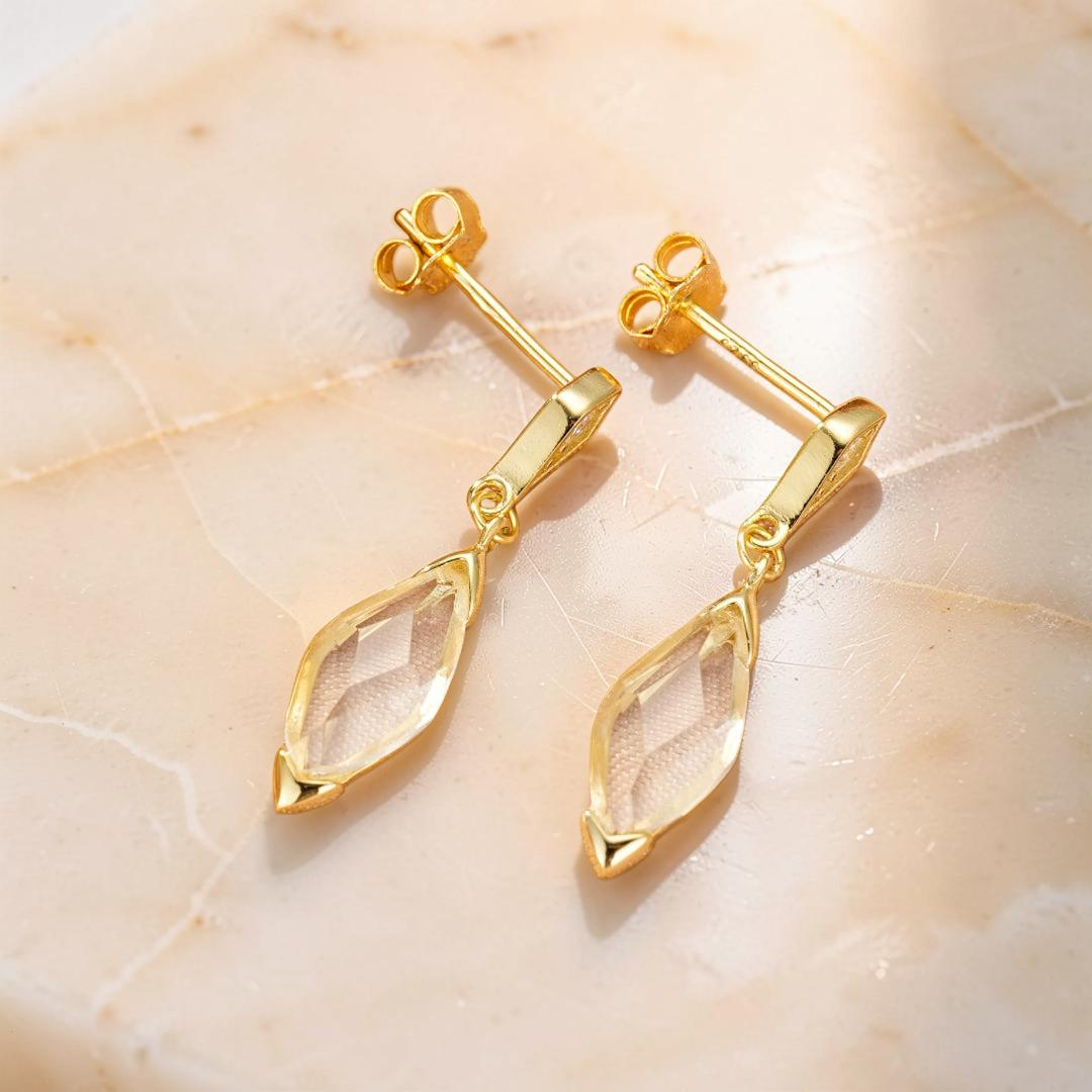 ATELIER-TIBET – Boucles d'Oreilles Cristal de Roche – Pluie Dorée, Argent Plaqué Or 14K
