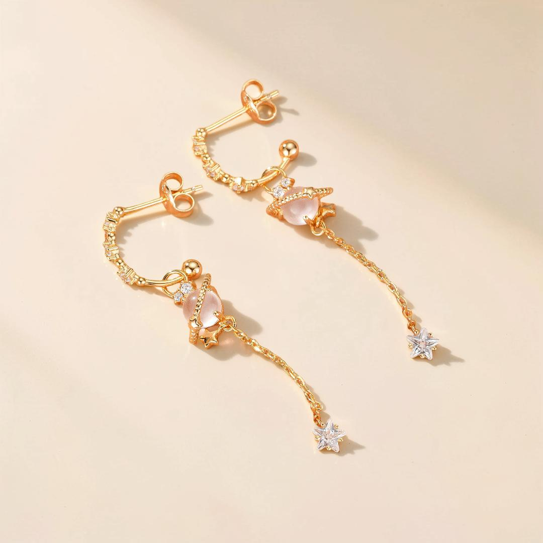 ATELIER-TIBET – Boucles d’Oreilles Quartz Rose – Galaxie Intérieure, Argent Plaqué Or 14K
