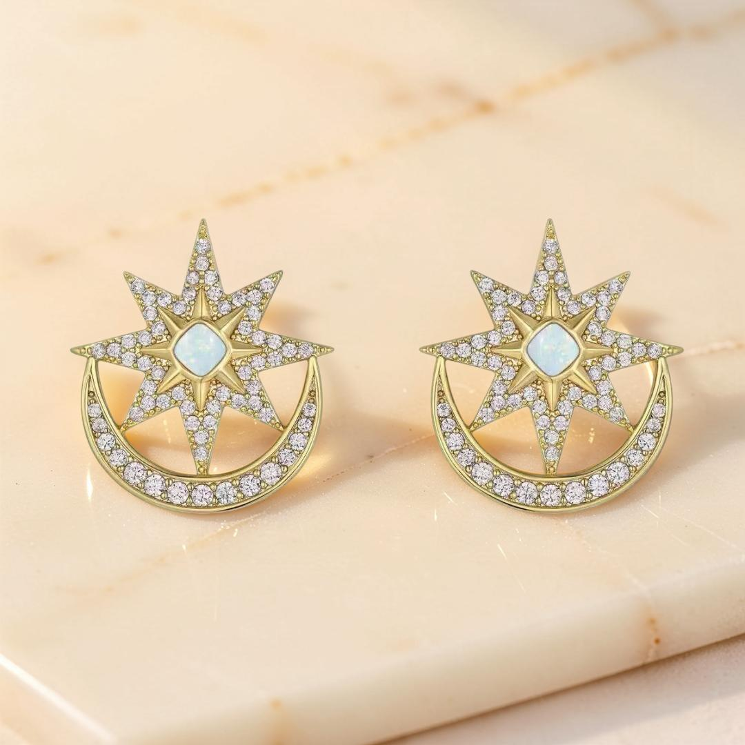 ATELIER-TIBET – Boucles d'Oreilles Opale – Lune Étoilée