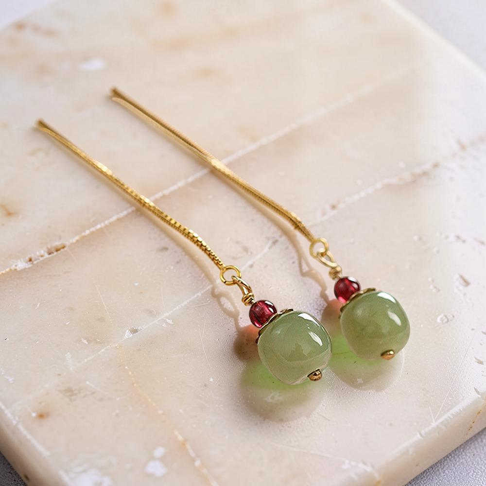 ATELIER-TIBET – Boucles d’Oreilles Jade et Agate – Fruit, Argent Plaqué Or