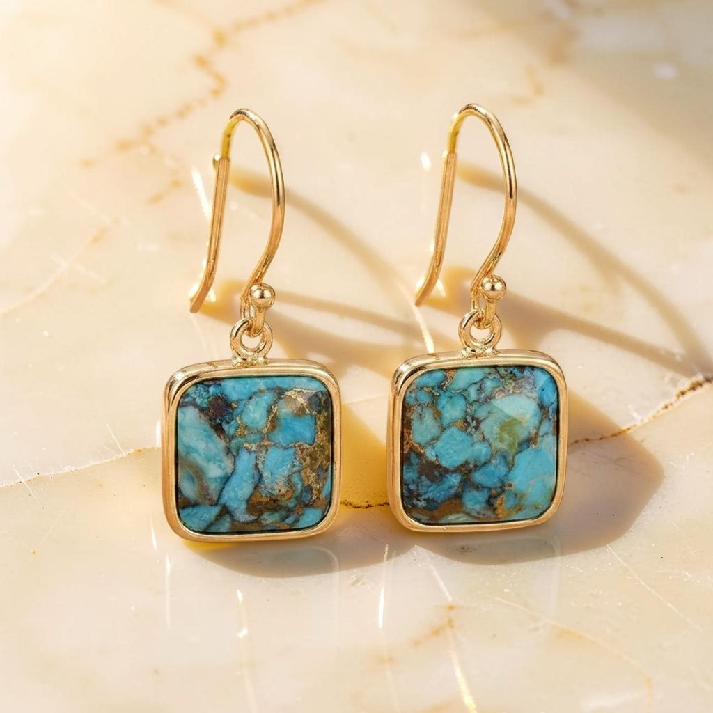 ATELIER-TIBET – Boucles d'Oreilles Turquoise – Fragments de Ciel, Argent Plaqué Or