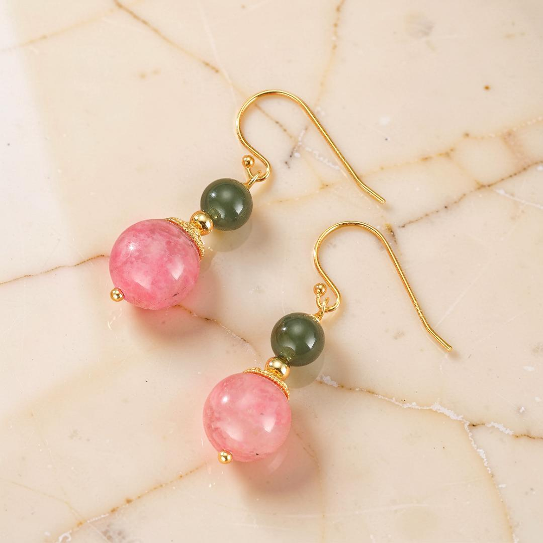 ATELIER-TIBET – Boucles d’Oreilles Rhodonite et Jade – Duo Bien-Être