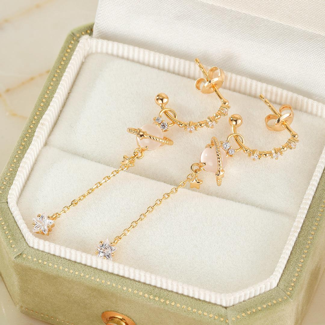 ATELIER-TIBET – Boucles d’Oreilles Quartz Rose – Galaxie Intérieure, Argent Plaqué Or 14K