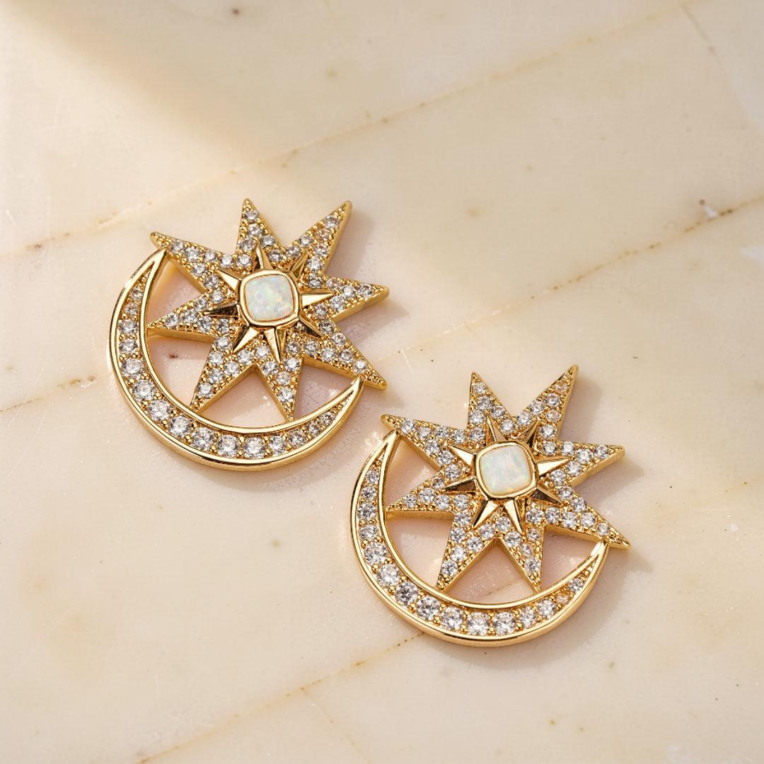 ATELIER-TIBET – Boucles d'Oreilles Opale – Lune Étoilée